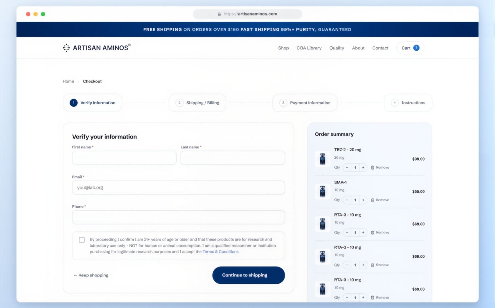 Artisan Aminos checkout on the Verify information step, with four step tabs, a customer details form, and an order summary listing products, quantities and prices.