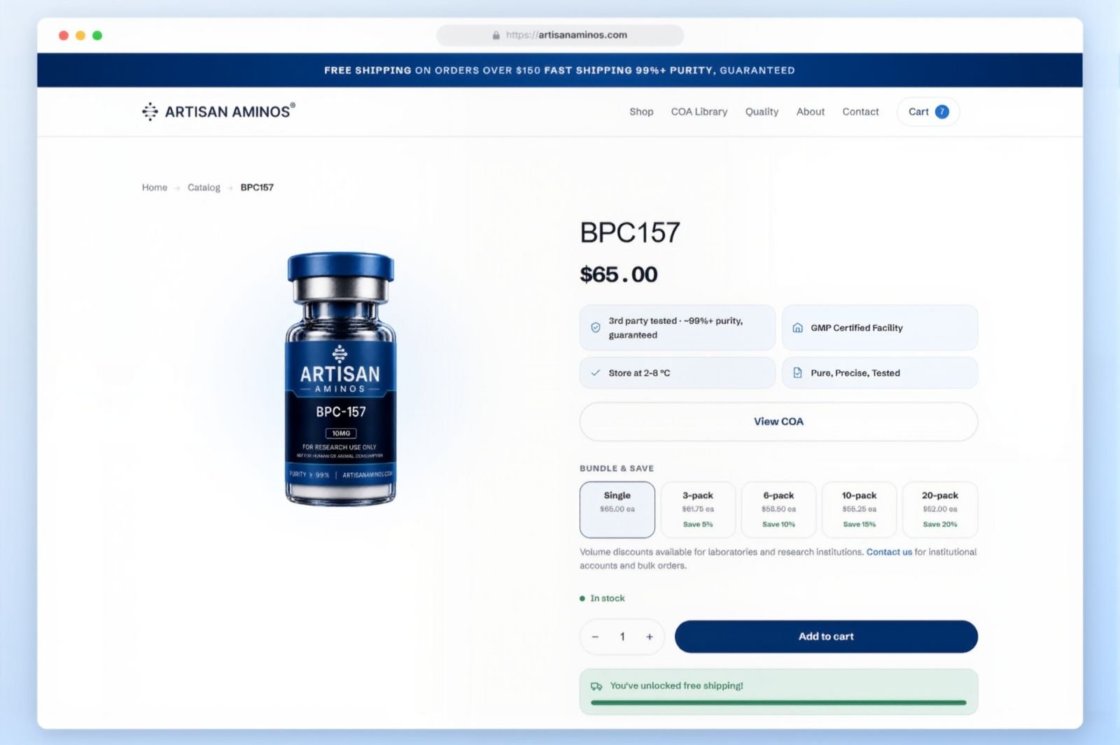Artisan Aminos product page for BPC-157 showing the price, product assurances, a View COA button, bundle and save options, and an Add to cart button.