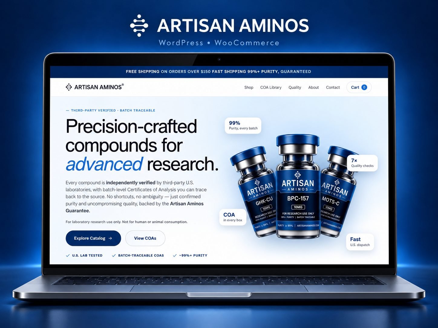 Artisan Aminos website shown on a laptop
