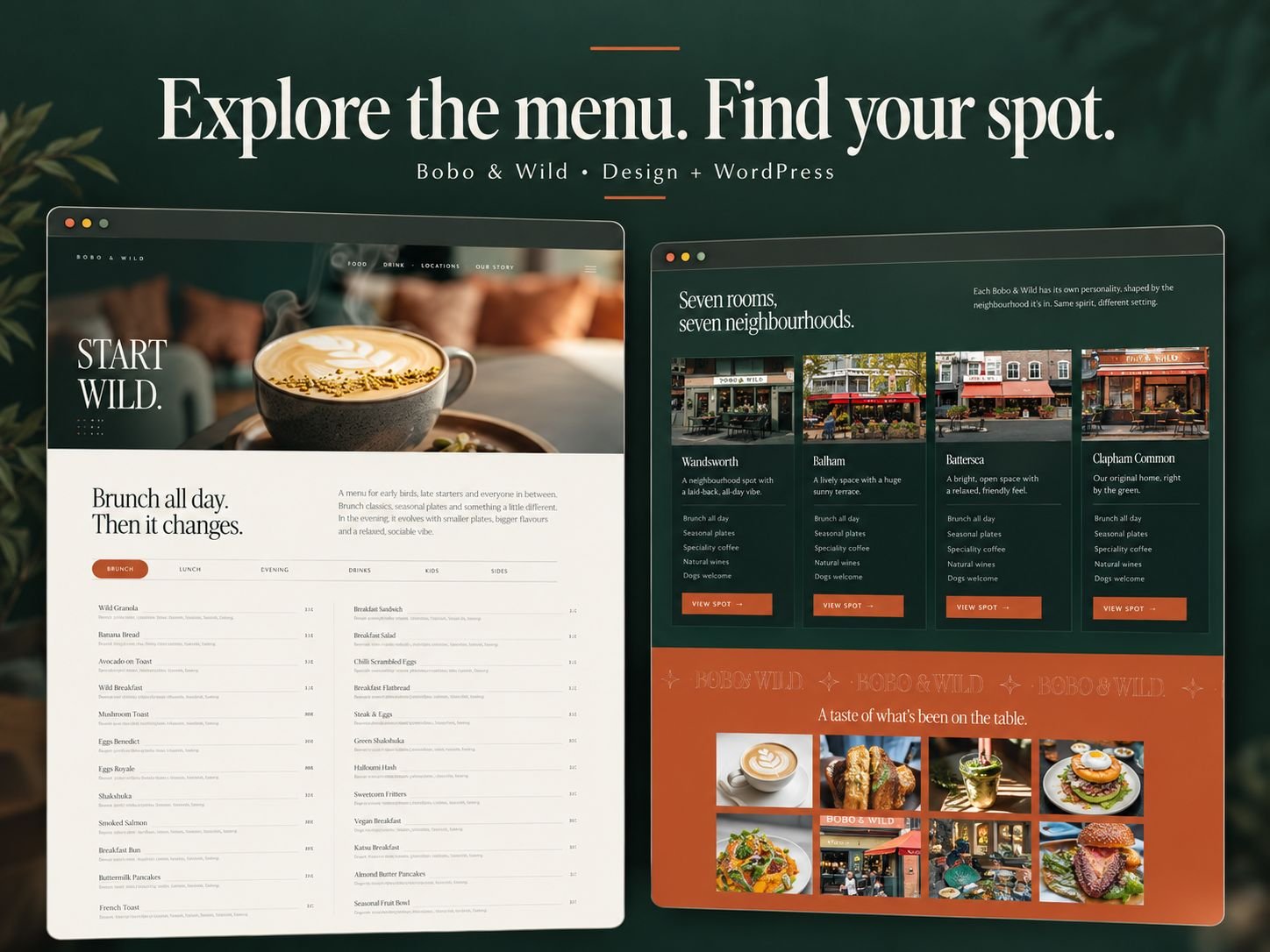 Two Bobo & Wild pages: a brunch menu with Brunch, Lunch, Evening, Drinks, Kids and Sides tabs listing dishes and prices, and a locations section headed Seven rooms, seven neighbourhoods with cards for Wandsworth, Balham, Battersea and Clapham Common above a food photo gallery.