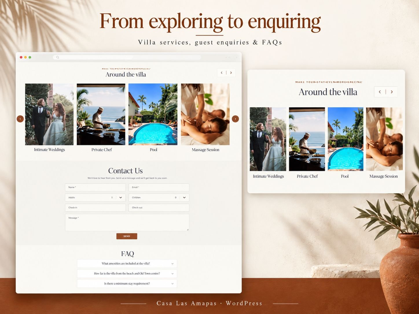 Casa Las Amapas Around the villa section with image cards for intimate weddings, private chef, pool and massage session, a Contact Us form with guest numbers and check-in and check-out dates, and an FAQ list.
