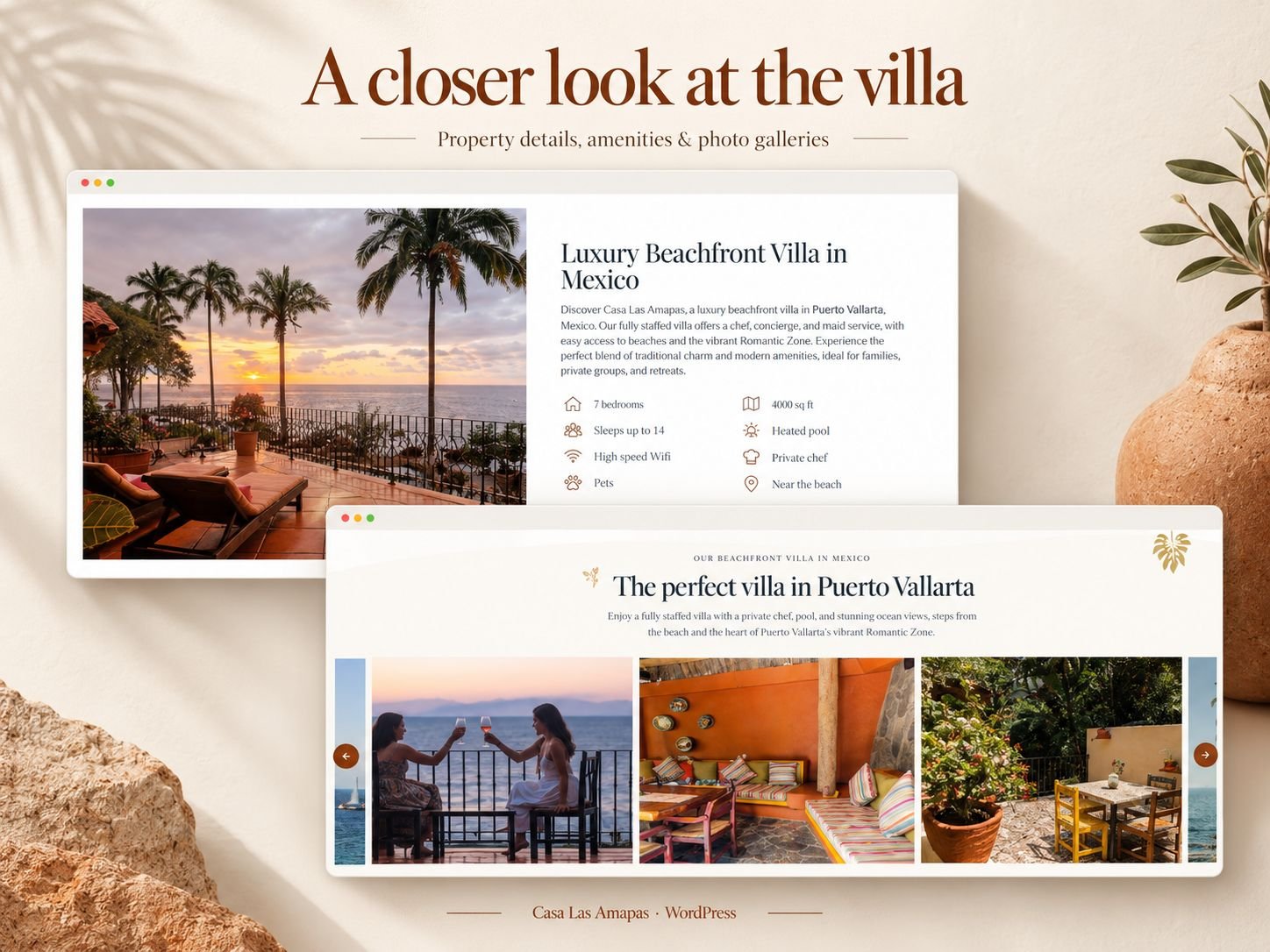 Casa Las Amapas villa overview with a sunset terrace photo, a description and amenities such as 7 bedrooms, sleeps up to 14, heated pool and private chef, above a photo gallery headed The perfect villa in Puerto Vallarta.