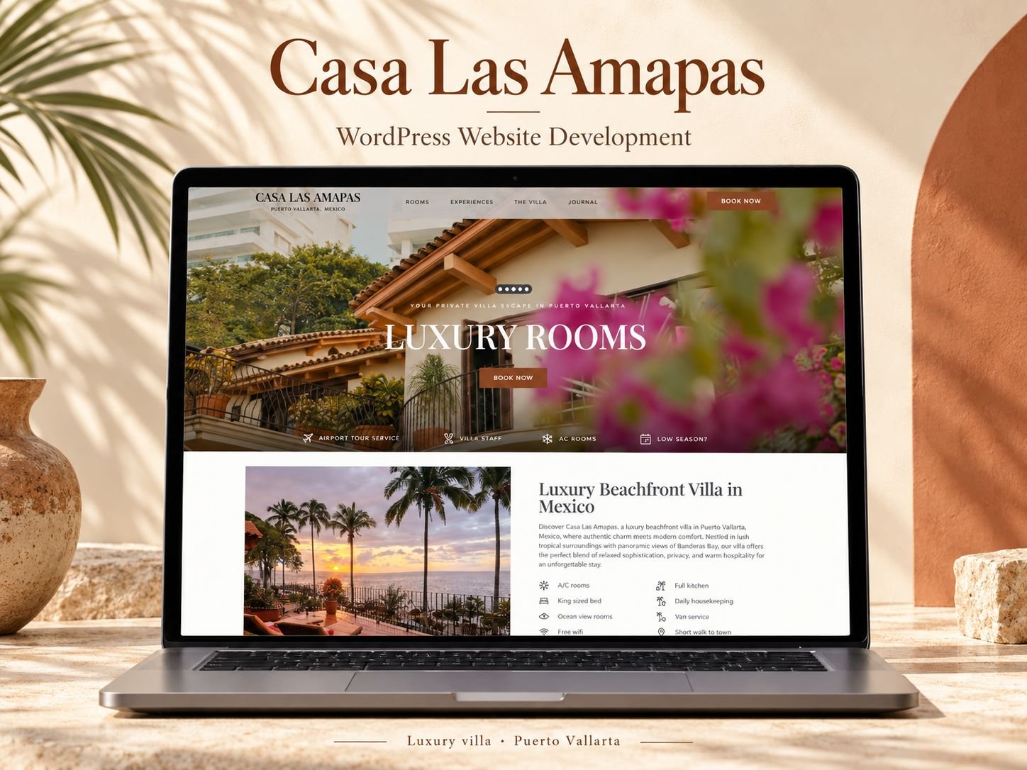 Casa Las Amapas website shown on a laptop