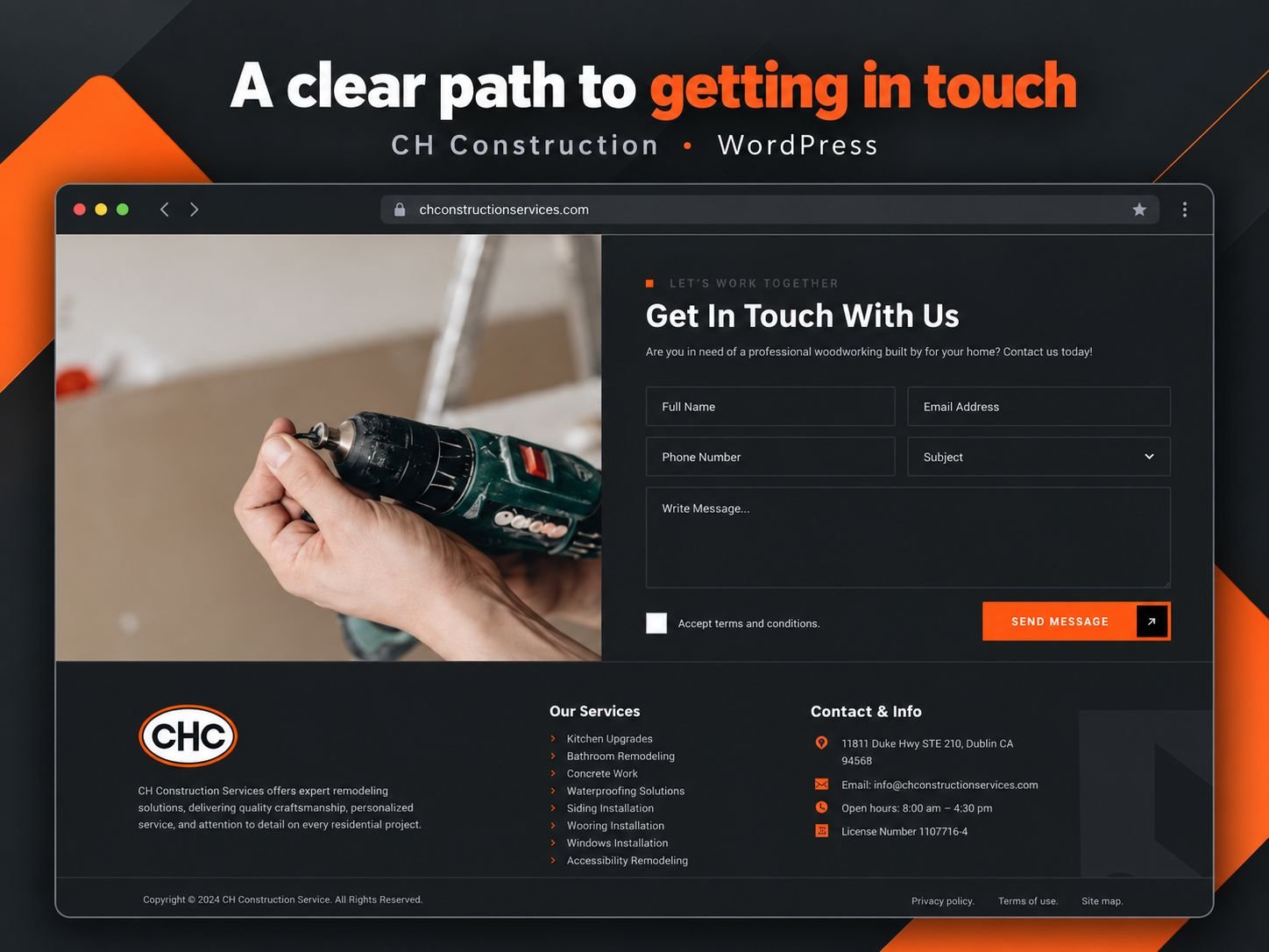 CH Construction Get In Touch With Us form with name, email, phone, subject and message fields and a Send Message button, above a footer with service links and contact details.