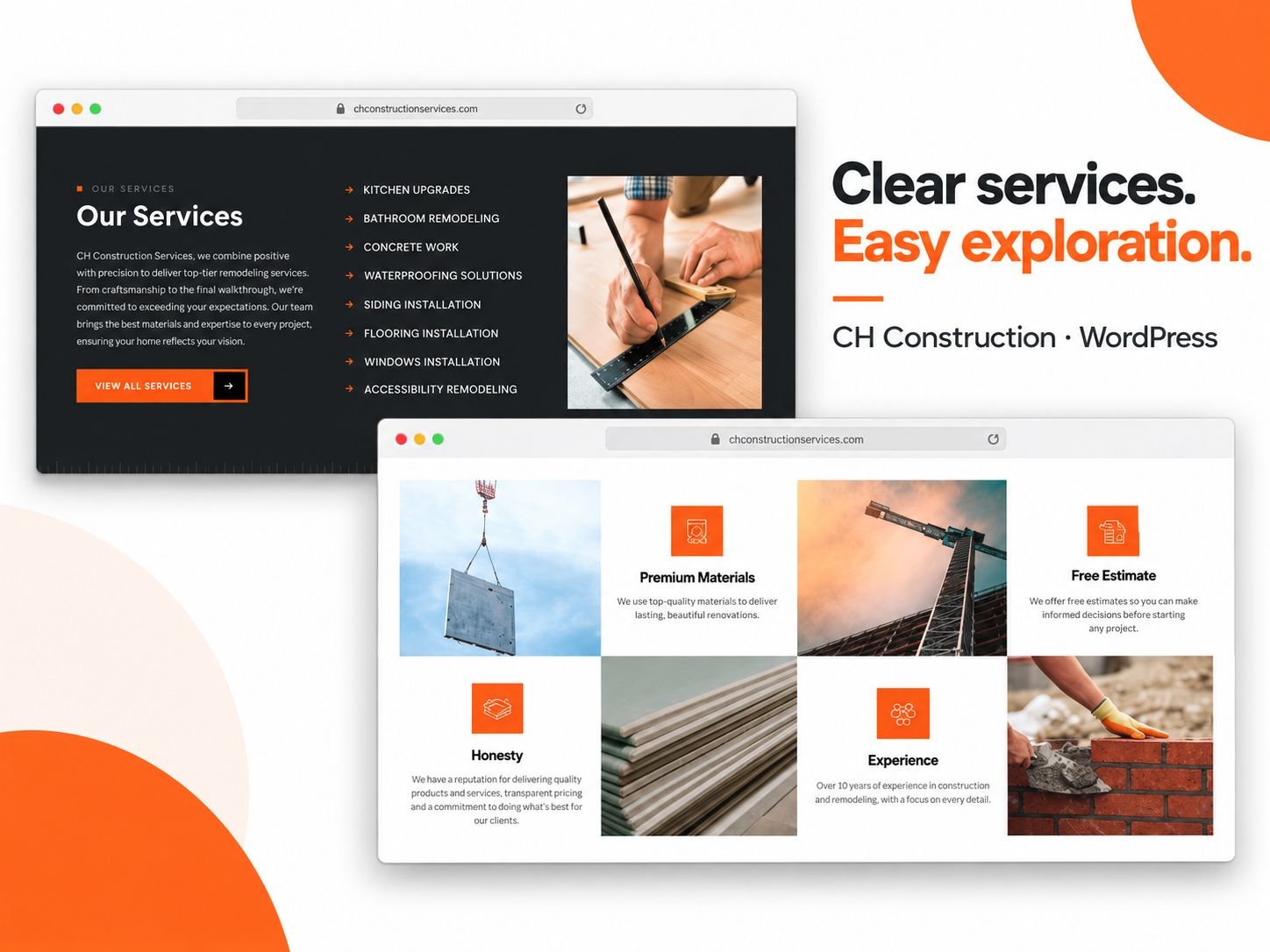 CH Construction services section listing kitchen upgrades, bathroom remodeling, concrete work, waterproofing, siding, flooring, windows and accessibility remodeling, above a grid of Premium Materials, Free Estimate, Honesty and Experience blocks.