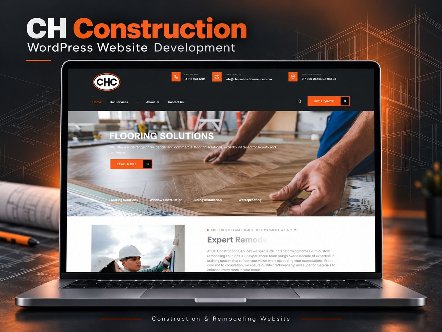 CH Construction website shown on a laptop