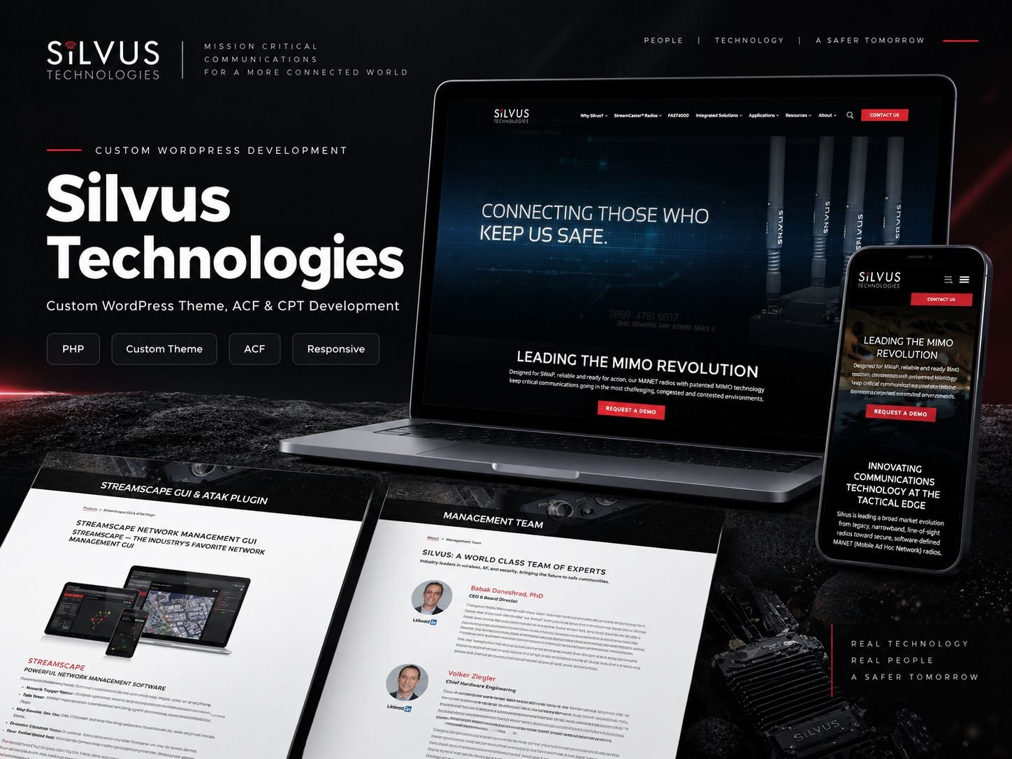 Silvus Technologies website shown on a laptop and a phone, with the StreamScape GUI & ATAK Plugin product page and the Management Team page in front.