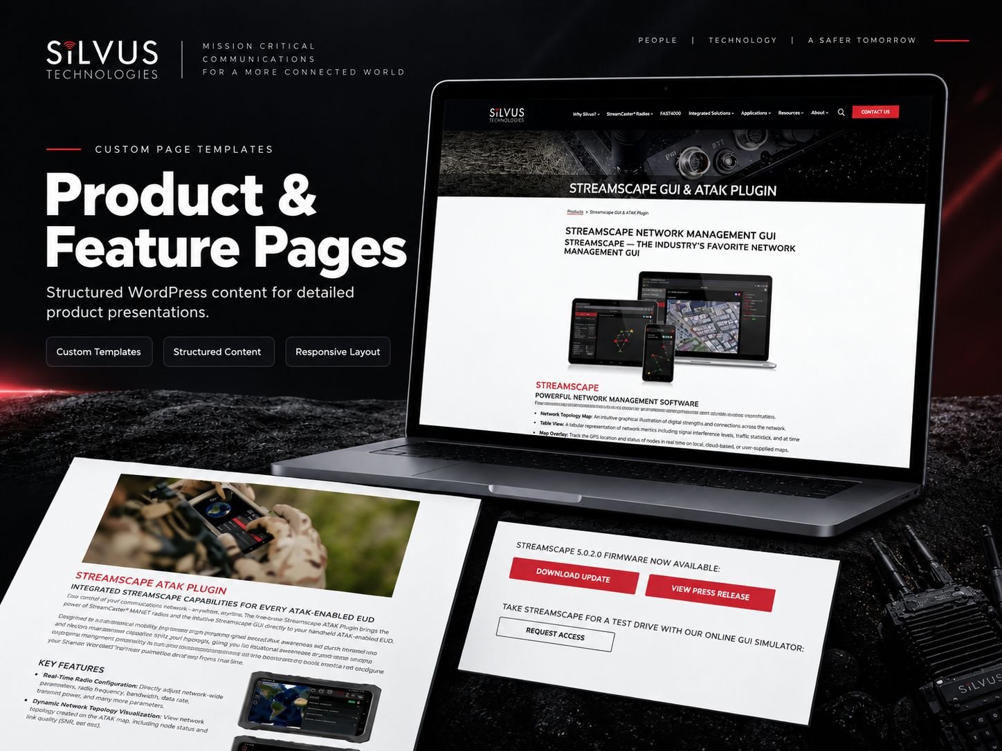 Silvus StreamScape GUI & ATAK Plugin product page on a laptop, with printed sections showing the ATAK plugin introduction, a key features list, and Download Update, View Press Release and Request Access buttons.