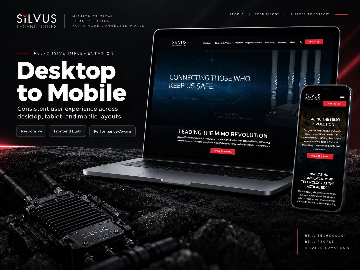 Silvus Technologies homepage on a laptop and a phone: the desktop hero reads Connecting those who keep us safe, and the mobile layout stacks the Leading the MIMO revolution section with its Request a demo button.