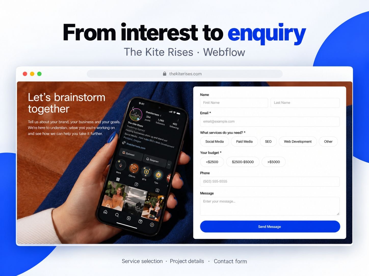 The Kite Rises contact section headed Let’s brainstorm together, with a form for name, email, service selection buttons, budget options, phone and message, and a Send Message button.